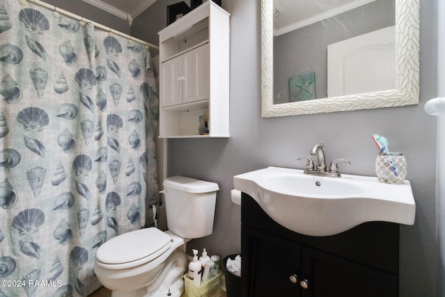 bathroom featuring a shower with curtain, vanity, toilet, and ornamental molding