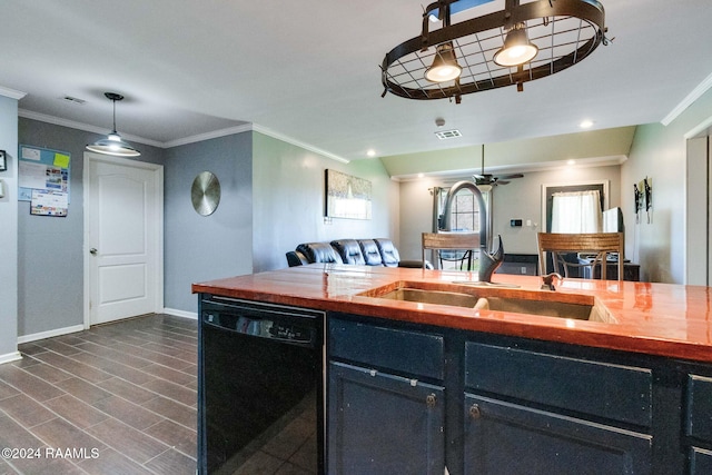 kitchen featuring dark hardwood / wood-style flooring, crown molding, sink, dishwasher, and butcher block counters