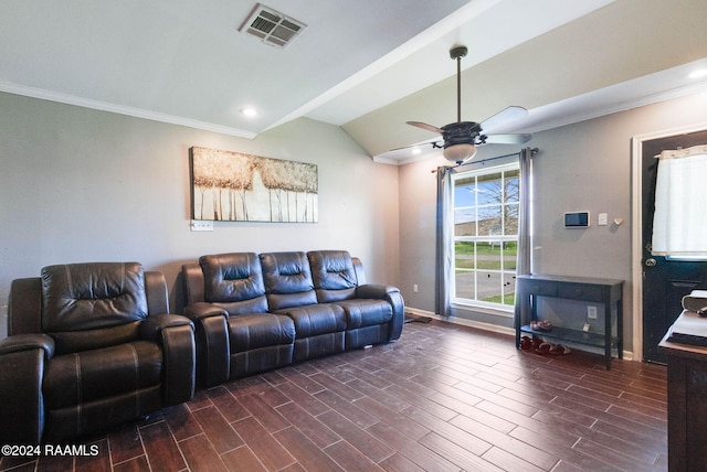 living room with dark hardwood / wood-style floors, ceiling fan, lofted ceiling, and ornamental molding