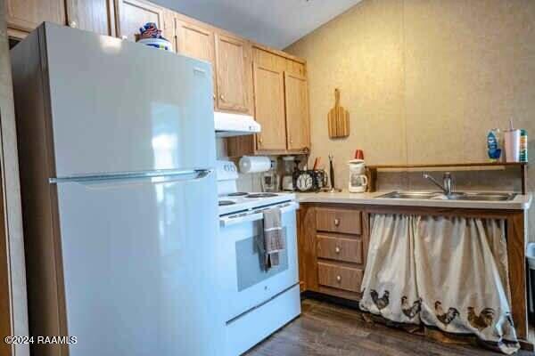 kitchen featuring range hood, dark hardwood / wood-style floors, light brown cabinetry, sink, and white appliances