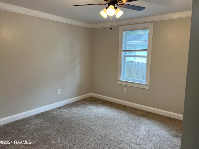 carpeted spare room featuring ceiling fan and crown molding