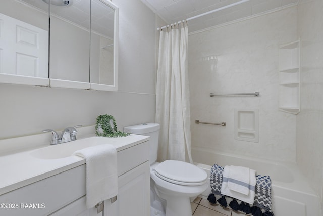 bathroom with tile patterned floors, toilet, shower / bath combo, and vanity