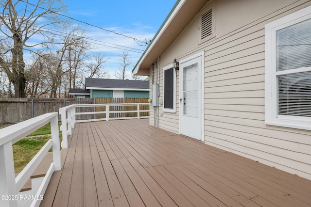 wooden deck with a fenced backyard