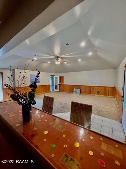 additional living space featuring wood walls, ceiling fan, and carpet flooring