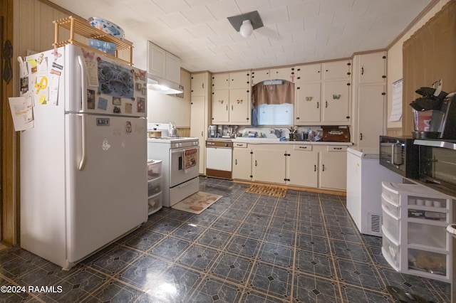 kitchen featuring white appliances, ventilation hood, white cabinets, crown molding, and sink