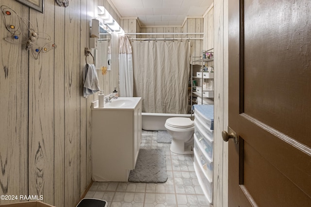 full bathroom featuring shower / bath combination with curtain, toilet, and wooden walls