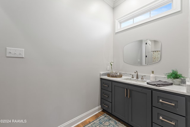 bathroom with crown molding, vanity, and wood-type flooring