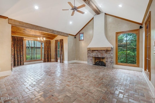 unfurnished living room featuring crown molding, a fireplace, high vaulted ceiling, beamed ceiling, and ceiling fan with notable chandelier