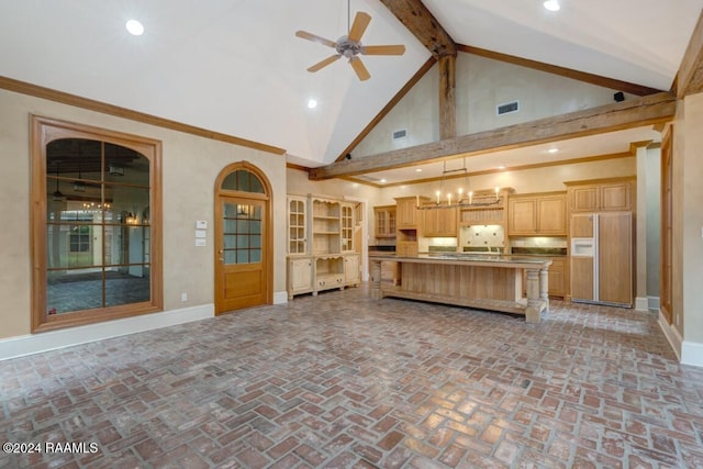 106 Kings Walk, Lafayette, LA 70503 - unfurnished living room with a ceiling fan, high vaulted ceiling, brick flooring, beamed ceiling, and recessed lighting
