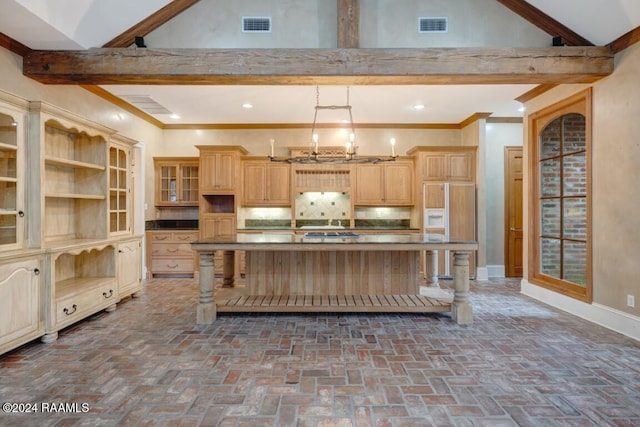 kitchen with decorative backsplash, a breakfast bar area, ornamental molding, a kitchen island, and light brown cabinets