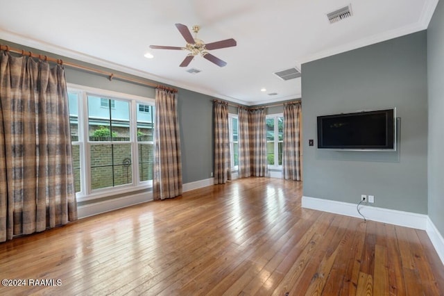 106 Kings Walk, Lafayette, LA 70503 - unfurnished living room featuring ornamental molding, hardwood / wood-style floors, a ceiling fan, and recessed lighting