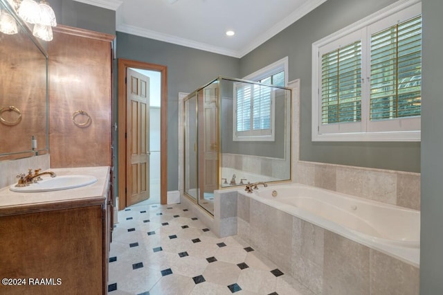 bathroom with crown molding, tile patterned flooring, vanity, and separate shower and tub