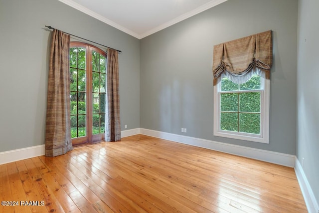 spare room with light hardwood / wood-style floors, a healthy amount of sunlight, and crown molding