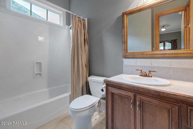 full bathroom with shower / bath combination with curtain, tile patterned floors, backsplash, vanity, and toilet