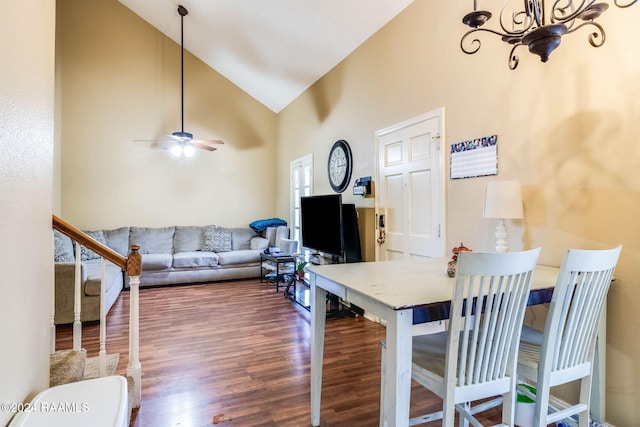100 Teal Ln Unit 21, Lafayette, LA 70507 - living area featuring wood finished floors, high vaulted ceiling, a chandelier, and a ceiling fan