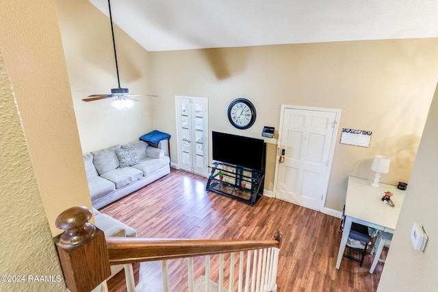 100 Teal Ln Unit 21, Lafayette, LA 70507 - living room featuring wood finished floors, a ceiling fan, high vaulted ceiling, and baseboards