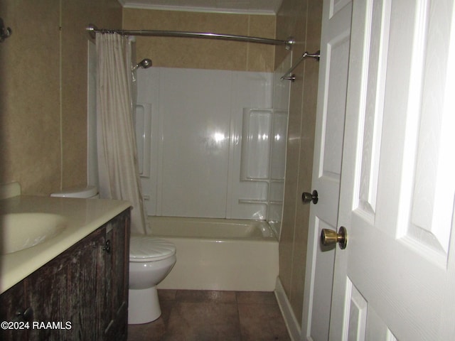 full bathroom with vanity, shower / bath combo, crown molding, tile patterned floors, and toilet