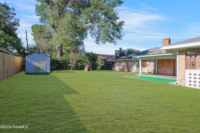 view of yard with a patio and a storage shed