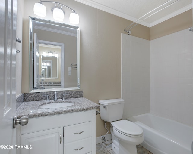 full bathroom with ornamental molding, a textured ceiling, vanity, toilet, and shower / bathtub combination