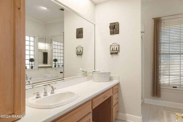 bathroom featuring vanity, walk in shower, tile patterned floors, and ornamental molding