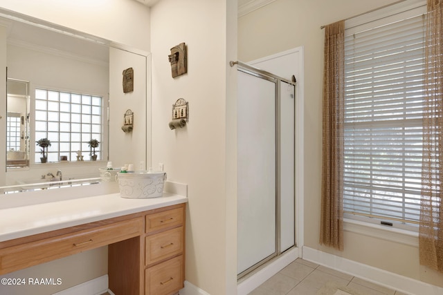 bathroom featuring walk in shower, tile patterned flooring, a healthy amount of sunlight, and crown molding