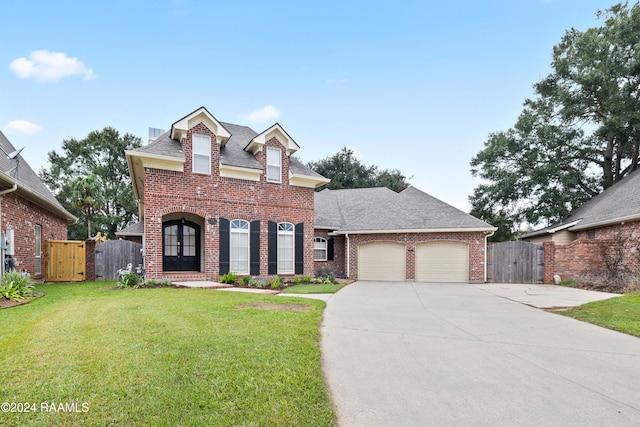 front facade with a garage and a front yard