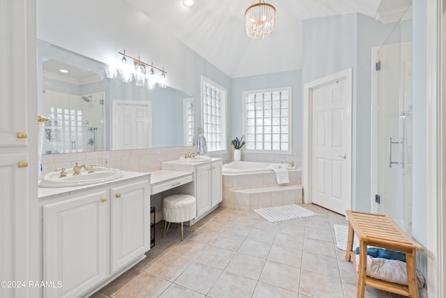 bathroom featuring crown molding, vanity, plus walk in shower, tile patterned flooring, and a chandelier