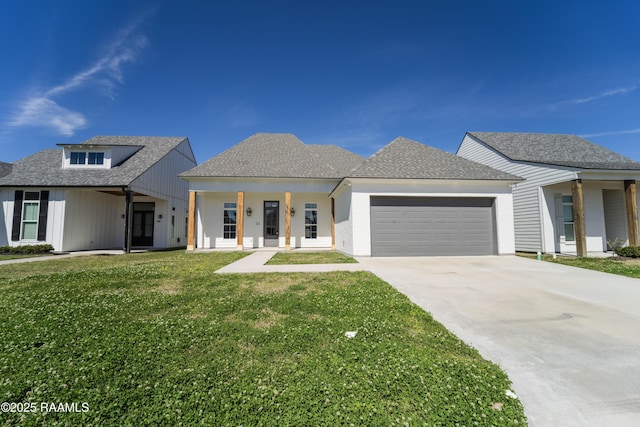 modern farmhouse with an attached garage, driveway, a front lawn, and roof with shingles