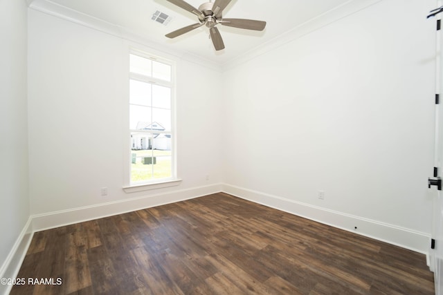 unfurnished room with dark wood-style flooring, a ceiling fan, visible vents, baseboards, and ornamental molding