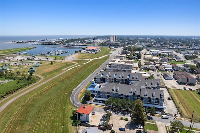 bird's eye view with a water view