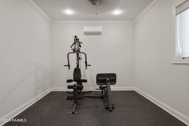 exercise room with a wall mounted AC, ornamental molding, and ceiling fan