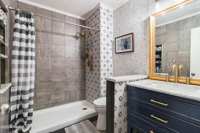 bathroom featuring vanity, crown molding, toilet, tile walls, and curtained shower