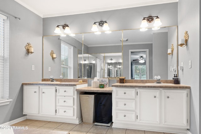 bathroom featuring tile patterned floors, ceiling fan, and crown molding