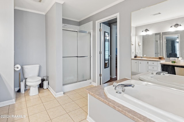 full bathroom featuring vanity, tile patterned floors, crown molding, toilet, and shower with separate bathtub