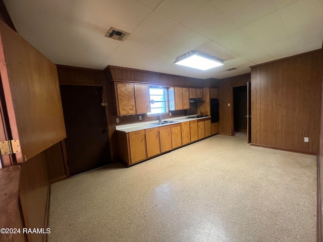 kitchen with wood walls, sink, and gas stovetop