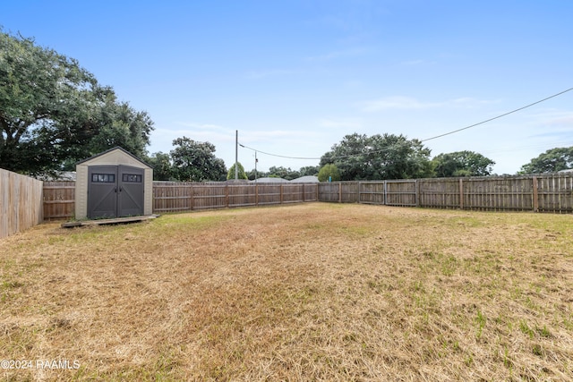 view of yard featuring a storage shed