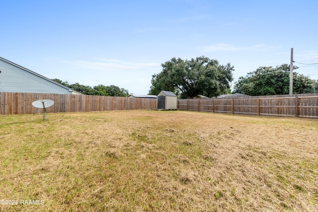 view of yard featuring a storage shed