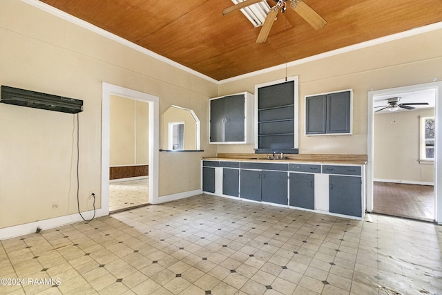 kitchen featuring sink, ceiling fan, ornamental molding, and wood ceiling