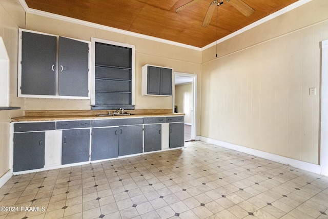 kitchen featuring crown molding, ceiling fan, sink, and wood ceiling