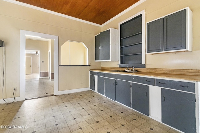 kitchen with ceiling fan, sink, wooden ceiling, and ornamental molding