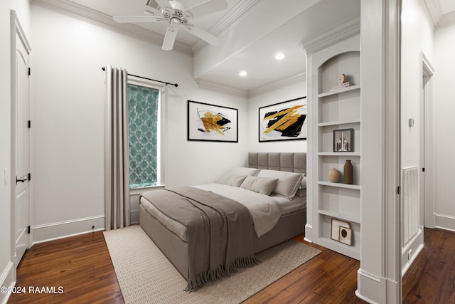 bedroom featuring ceiling fan, crown molding, and dark wood-type flooring