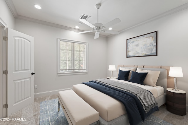 bedroom featuring light colored carpet, ceiling fan, and crown molding