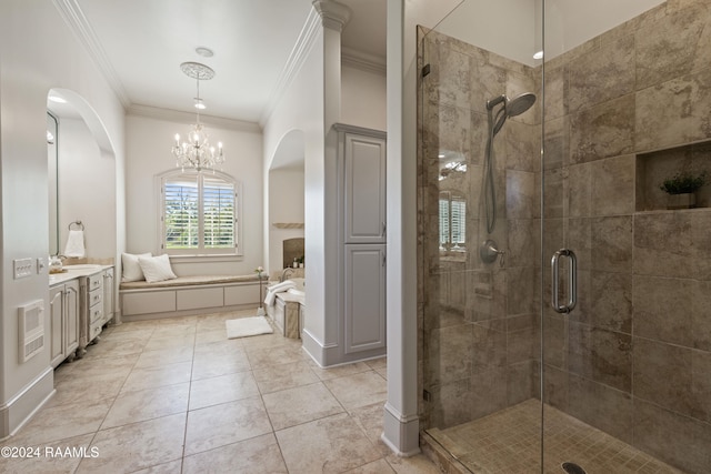 bathroom featuring plus walk in shower, tile patterned floors, heating unit, crown molding, and vanity