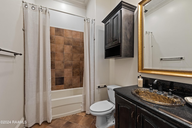 full bathroom featuring vanity, tile patterned floors, toilet, shower / bath combo with shower curtain, and ornamental molding