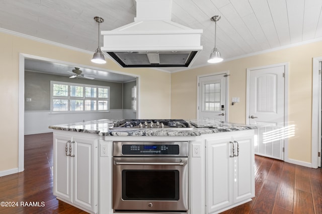 kitchen with custom exhaust hood, a center island, dark wood-type flooring, white cabinets, and stainless steel appliances