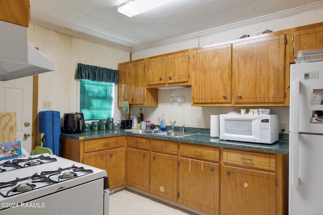 kitchen with sink, exhaust hood, white appliances, and ornamental molding