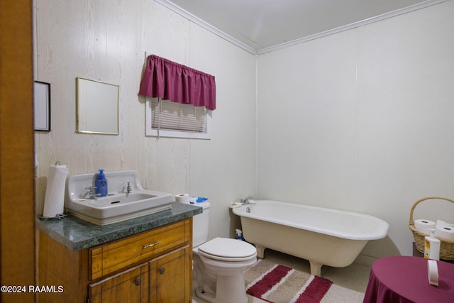 bathroom with a tub to relax in, crown molding, wood walls, toilet, and vanity