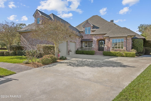 312 Shinnecock Hills Dr, Broussard, LA 70518 - french country home featuring brick siding, concrete driveway, a shingled roof, and an attached garage