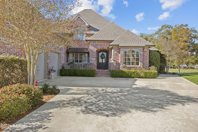 312 Shinnecock Hills Dr, Broussard, LA 70518 - french country style house featuring brick siding, concrete driveway, and roof with shingles