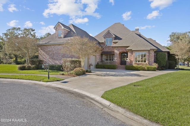 312 Shinnecock Hills Dr, Broussard, LA 70518 - french country inspired facade with brick siding, a front lawn, concrete driveway, and a shingled roof